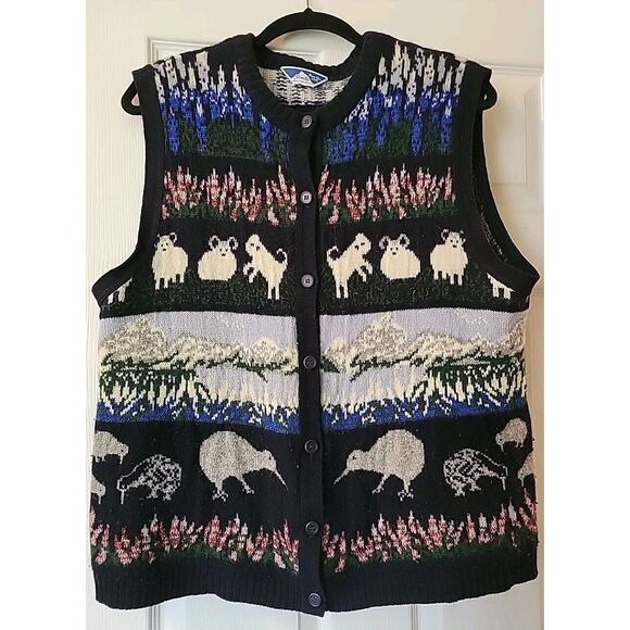Vtg 80s Alpine Themed PURE WOOL Knit Ski Vest Sweater Made In New Zealand XL - Picture 1 of 7